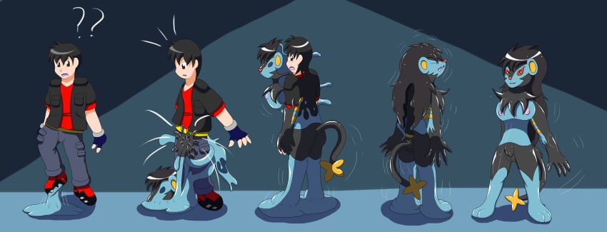 2015 absurd_res anthro areola biped bipples black_body black_fur blue_body blue_fur bottomwear breasts clothed clothing colored female female_anthro footwear fully_clothed fur gender_transformation generation_4_pokemon genitals glistening glistening_body goo_suit goo_transformation hair hi_res human_to_anthro john_(swack16) luxray mtf_transformation nintendo nude open_mouth pants pokemon pokemon_(species) pussy red_sclera shirt shoes simple_background smile solo species_transformation standing suit_transformation swack16 tail topwear transformation transformation_sequence vest wolferion yellow_eyes yellow_inner_ear