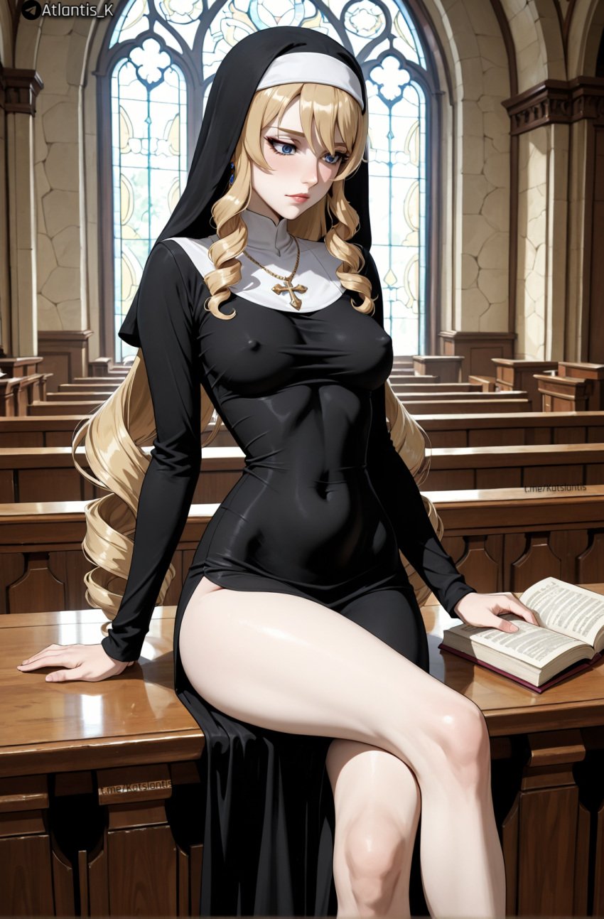 (genshin ai_generated ass bare_legs bare_thighs big_breasts black_dress blonde_hair blue book breast_squeeze breasts calm cleavage cleavage_dress cleavage_window coif collar cross crossed curled desk down dress dress_pull expression eyes female genshin_impact hair high_collar hips impact) large_breasts legs legs_crossed long long_sleeves long_veil looking mihoyo mihoyo_technology_(shanghai)_co._ltd. navia navia_(genshin_impact) necklace nipple_outline nipples nipples_visible_through_clothing nun nun's_habit on outfit pov push-up reading sitting sleeveless_dress slim_girl slim_waist slutty_clothes soft_breasts tight_clothing veil whore whore_eyes