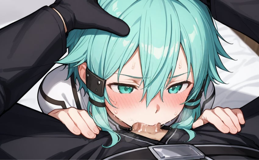 ai_generated aqua_eyes aqua_eyes_female aqua_hair aqua_hair_female asada_shino bed black_clothes black_clothing blush blush_lines blushing_face blushing_female cum cum_in_mouth cum_inside cute cute_girl deepthroat dick_in_mouth embarrassed embarrassed_face embarrassed_female female_focus female_sub female_submissive femsub girl glare glare_(lighting) hair_between_eyes hair_ornament hand_on_head hand_on_thigh hand_on_thighs hands_on_thighs indoor indoor_sex indoors indoors_sex male_dominating_female medium_hair obedience obedient obedient_female obedient_sub pov pov_hands pov_male saliva saliva_on_face saliva_on_penis salivating short_hair short_hair_female side_bangs sinon submissive submissive_female sweat_on_face sweatdrop sweatdrops sweaty sweaty_genitalia sword_art_online teen teen_girl teenage teenage_girl teenager teenager_girl virtual_reality white_bed white_bed_sheet white_bedsheet white_clothes white_clothing young young_female young_girl