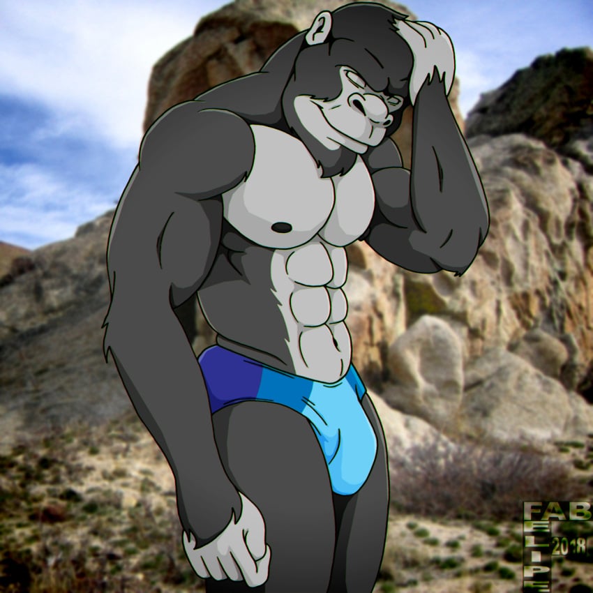 2018 5_fingers abs anthro ape biped black_body black_fur blue_clothing blue_speedo blue_swimwear bulge closed_eyes closed_smile clothed clothing digital_media_(artwork) fabfelipe fingers fur furry gorilla grey_body hand_on_own_head haplorhine hi_res male mammal mouth_closed muscular muscular_anthro muscular_male navel portrait primate smile solo speedo speedo_only standing swimwear three-quarter_portrait topless topless_anthro topless_male