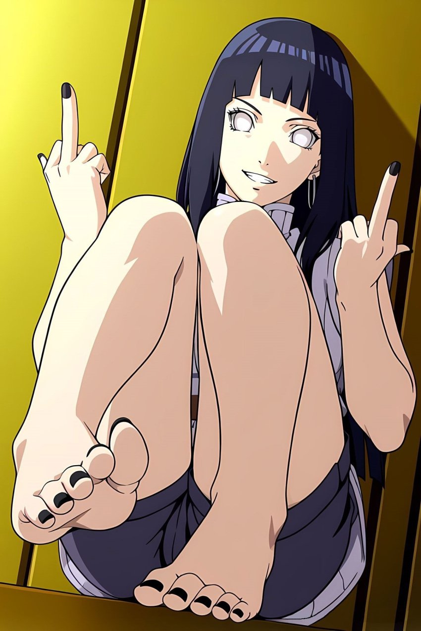 , ai_generated black_nails, black_toenails, earrings,, evil_grin evil_smile feet, feet_fetish, femdom, findom flipping_off, hinata_hyuuga, middle_finger, naruto, naruto_(series), naruto_shippuden, purple_hair, sandals,