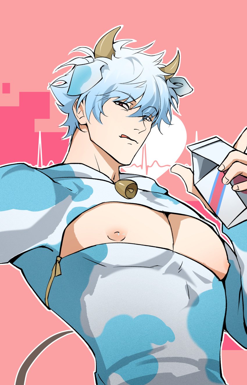 big_pecs chen_jingz9426 cleavage cleavage_cutout cow_boy cow_ears cow_horns cow_print cowbell gintama gintoki_sakata licking_lips light_blue_hair looking_at_viewer male male_only milk milk_carton pecs pectoral_cleavage pink_background smile solo tongue_out upper_body white_hair