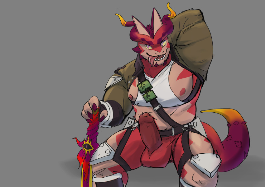 absurd_res anthro armor balls claws clothing cthugha_(tokyo_afterschool_summoners) genitals hand_behind_head hi_res holding_object holding_sword holding_weapon horn humanoid_genitalia humanoid_penis jacket male male_only melee_weapon ms05591410 nipples open_mouth penis red_balls red_penis scalie sharp_teeth shirt solo sword teeth tokyo_afterschool_summoners tongue tongue_out topwear unconvincing_armor uncut video_games weapon white_clothing white_shirt white_topwear