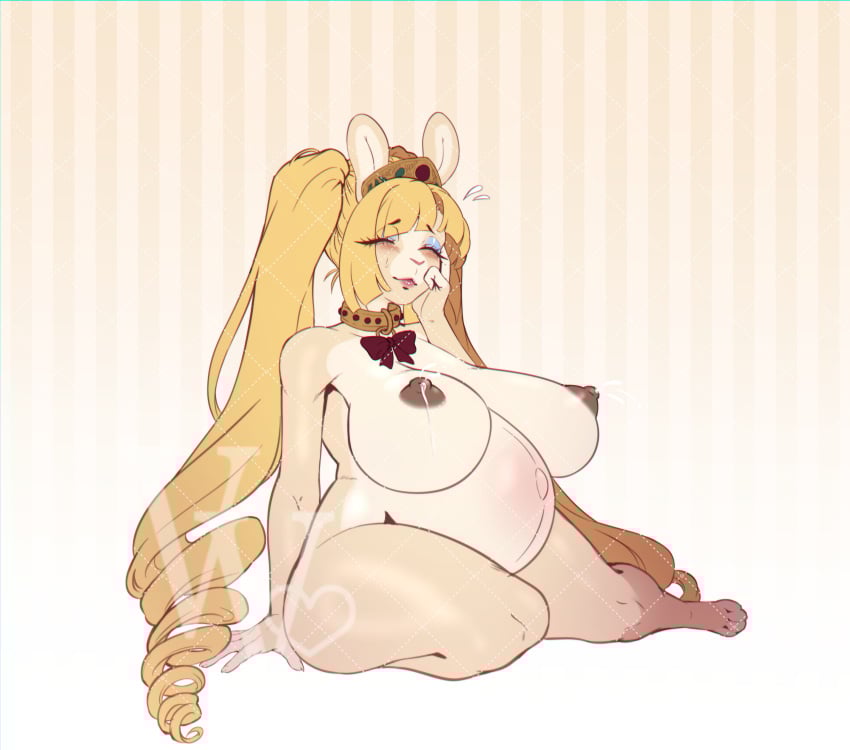 absurd_res anthro bashful big_breasts bodily_fluids breasts collar collar_only crown female headgear hi_res lactating lagomorph leporid mammal milk nude nude_female oops pregnant pregnant_anthro pregnant_female princess rabbit royalty silly solo vawentine