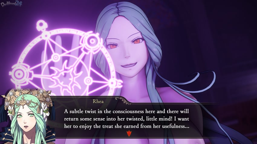 1girls 3d alternate_eye_color areola areolae bare_shoulders blurry_background breasts collarbone common_sense_change completely_nude corruption cow_print depth_of_field dochaunt24 english_text evil_grin evil_smile female female_only femdom femsub fire_emblem fire_emblem:_three_houses green_hair grin hand_up harem huge_breasts humiliation imminent_rape imminent_sex indoors long_hair magic magic_circle mind_control nintendo nipples nude nude_female pale-skinned_female pale_skin rape red_eyes reward rhea_(fire_emblem) shoulders slave smile solo sub_dominating_sub text text_box yuri