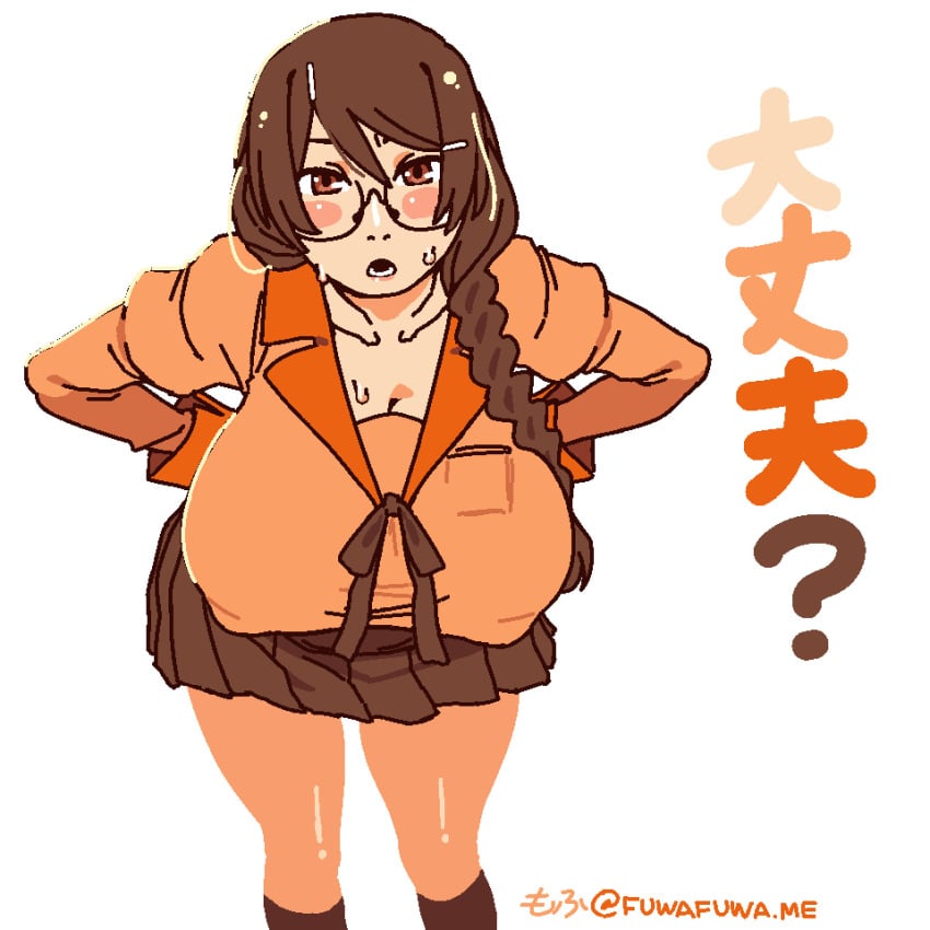 alternate_breast_size bakemonogatari bent_over big_breasts blush glasses hanekawa_tsubasa hanging_breasts huge_breasts monogatari_(series) nipples_visible_through_clothing sweat sweatdrop sweating