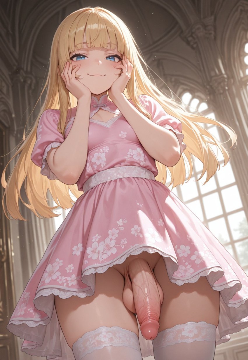 1futa ai_generated balls blue_eyes dress flaccid floral_print from_below futa_only futanari hands_on_face hime_cut hime_girl_(jamesbron) indoors jamesbron large_penis legwear long_hair looking_at_viewer low-angle_view no_panties penis pink_dress small_breasts smug solo solo_futa standing stockings thighhighs thighs veiny_penis white_legwear white_stockings