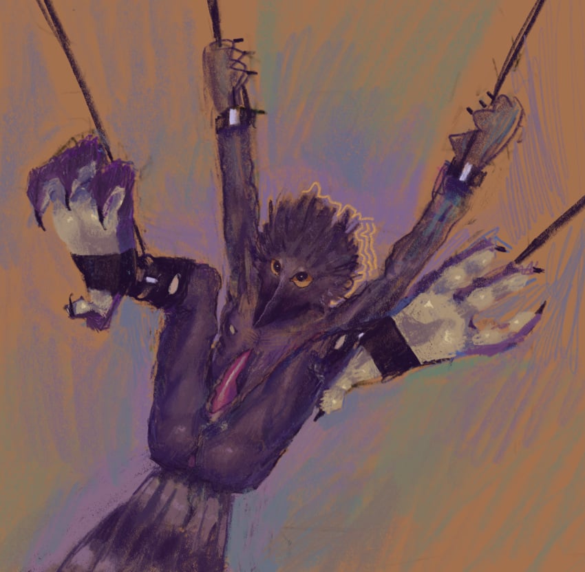 abstract_background ambiguous_gender anthro anus ass avian avian_feet beak bird bondage bondage bound claws clothing corvid corvus_(genus) crow cuff_(restraint) feet foot_focus footwear genitals hi_res nipples oscine passerine penis presenting restraints socks solo talons tealfolf toes yellow_sclera