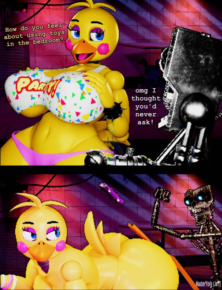 1boy 1girls 3d 3d_(artwork) big_ass big_breasts big_butt endo-01_(fnaf) endo_(fnaf) english_text five_nights_at_freddy's fnafhs imminent_sex masteryorg0 runaboo_chica tagme text toy_chica toy_chica_(fnaf)