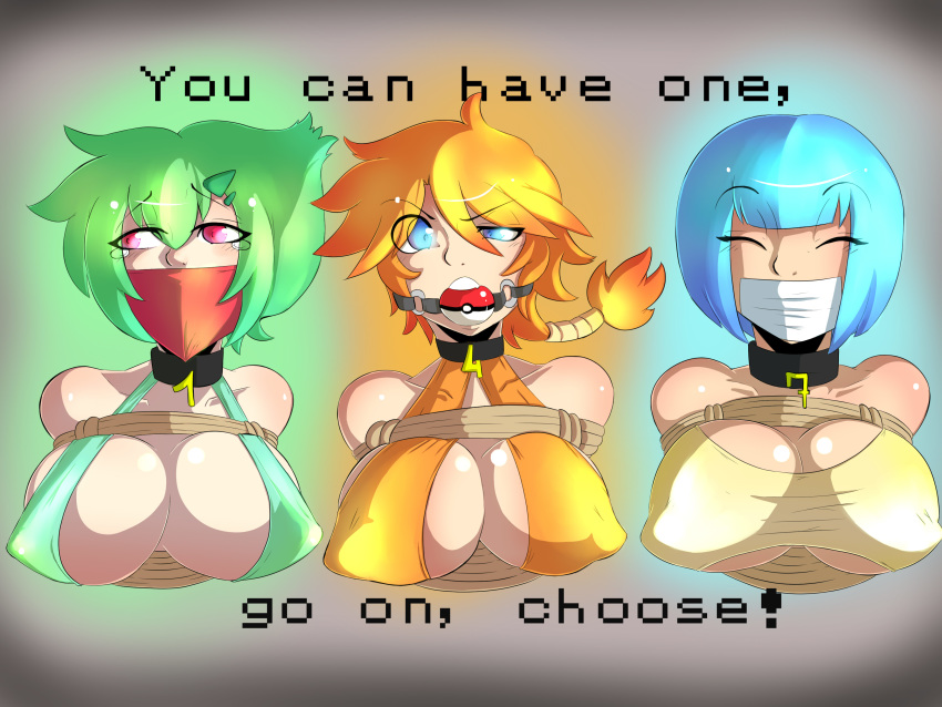 3girls angry anthro anthrofied ball_gag bare_shoulders big_breasts big_nipples blue_eyes blue_hair bondage bulbasaur bust busty charmander cleavage closed_eyes collar crying crying_with_eyes_open deviantart eye_contact femsub gag gijinka green_hair greenleona half-closed_eyes humanized large_breasts looking_at_viewer nintendo nipple_bulge orange_hair pokémon_(species) poke_ball pokemon pokemon_rgby pokies red_eyes sideboob slave slave_collar slavegirl sling_bikini squirtle submissive_female take_your_pick tape_gag tears text underboob