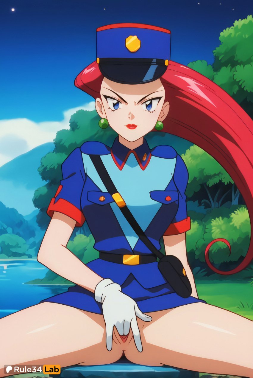 1girls ai_generated artist_name belt blue_eyes blue_headwear breasts cloud cosplay day earrings eyelashes female gloves hat hi_res jessie_(pokemon) jewelry lipstick long_hair looking_at_viewer makeup masturbation nintendo no_panties officer_jenny_(pokemon)_(cosplay) outdoors pokemon pokemon_rgby police police_uniform policewoman pussy red_hair red_lips rule34lab shirt short_sleeves sitting skirt sky solo spread_legs spread_pussy team_rocket tree uniform watermark white_gloves
