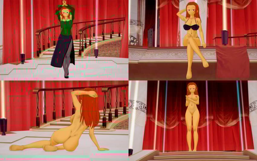 4_panel_comic arms_above_head ass black_bra black_panties black_shoes black_skirt bracelet breasts brown_nipples cio425 comic emerald_(gem) emerald_necklace feet female freckles freckles_on_face green_blouse green_eyes hand_behind_head hands_clasped heather_(cio425) heather_zimmerman large_ass large_breasts latina laying_on_side leggings legs_crossed lingerie long_hair model_pose modeling naked necklace olive_skin pussy red_hair retropunch sideboob sitting smiling stage standing supermodel tagme