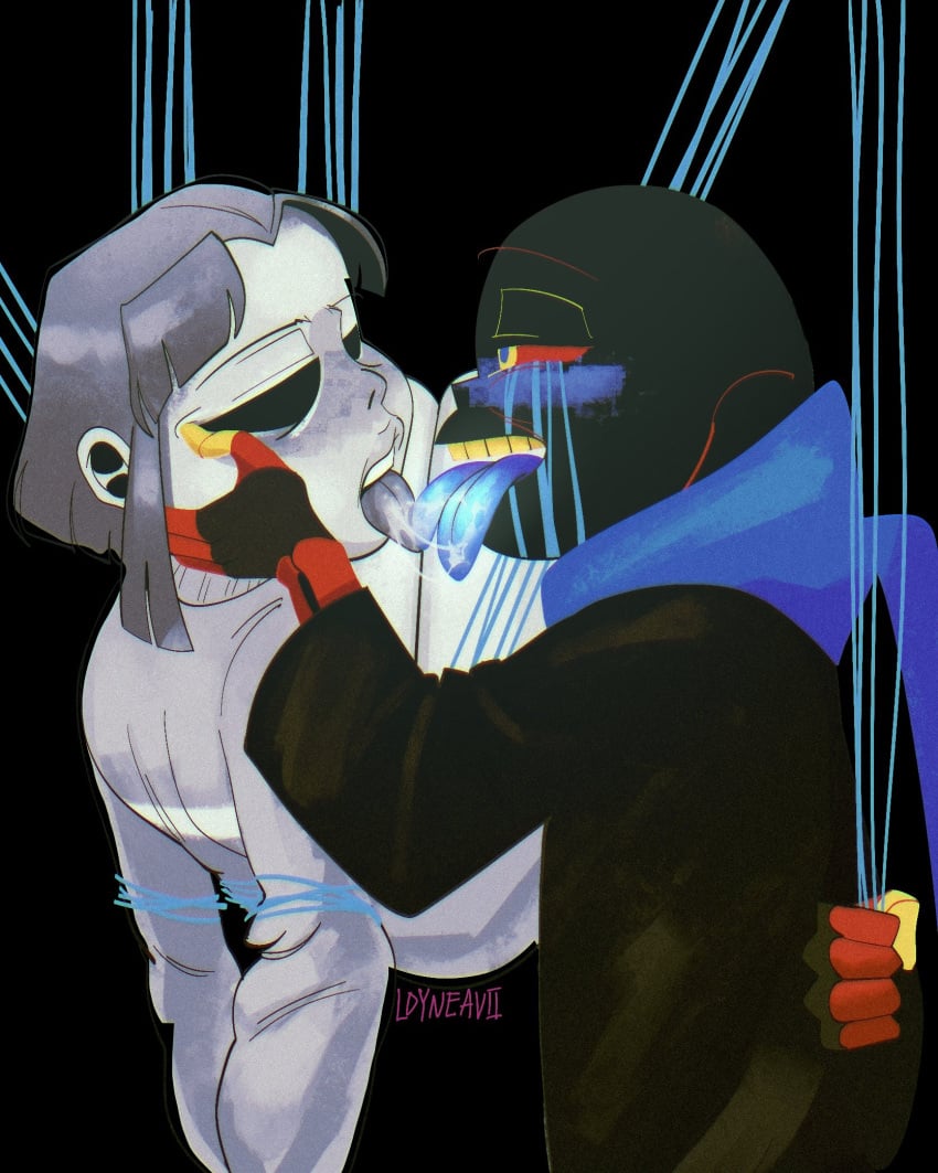 2_tongues core_frisk error_sans_(fan_character) french_kiss frisk grey_skin loyneavii sans skeleton tied_up tongue_out undertale undertale_au