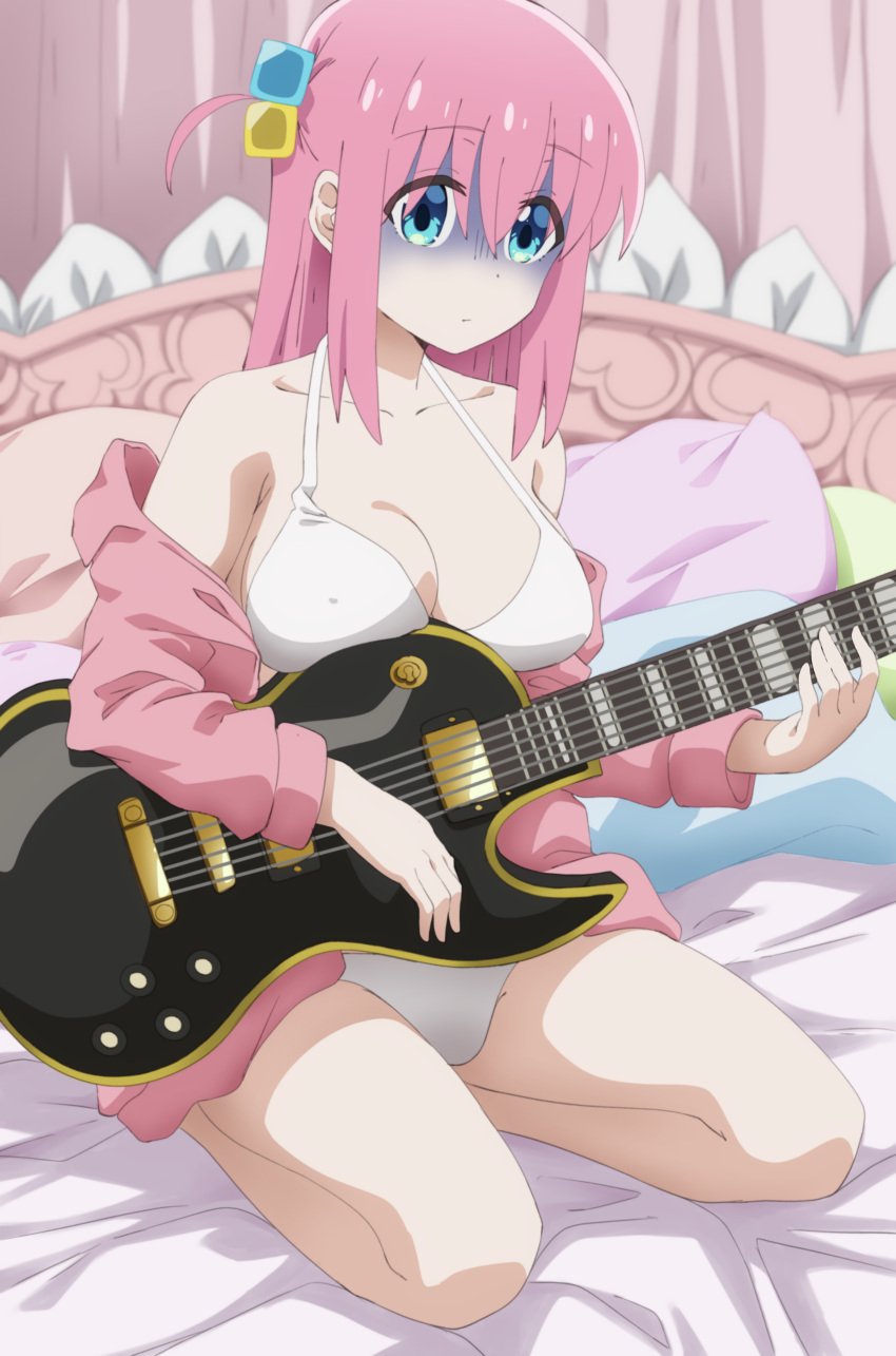 1girls absurdres bangs bed bikini blue_eyes blush bocchi_the_rock! breasts censored clavicle cleavage closed_mouth clothing collarbone cube_hair_ornament electric_guitar female gibson_les_paul gotou_hitori guitar hair_between_eyes hair_ornament hair_over_eyes highres holding holding_instrument indoors instrument jacket keihh kneeling large_breasts long_hair long_sleeves looking_at_viewer medium_breasts mosaic_censoring naked_jacket nipples on_bed one_side_up open_clothes open_jacket pantsu pillow pink_hair pink_jacket pink_track_suit seiza shaded_face sitting skirt solo swimsuit thighs track_jacket turn_pale underwear white_bikini white_underwear
