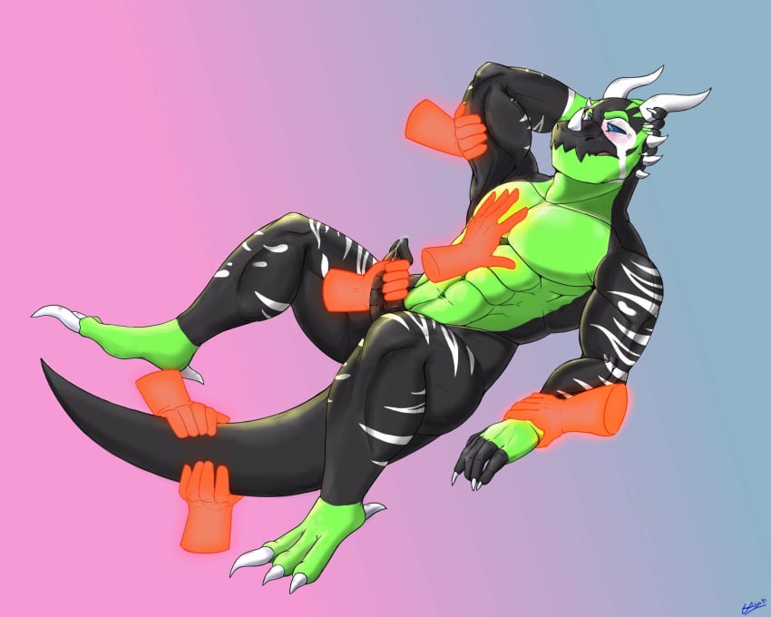 akiidiamondheart_(artist) anthro black_body blush bodily_fluids claws dracoil dragon genital_fluids ghost_hands hi_res horn male male_only muscular precum reptile scalie simple_background solo stripes