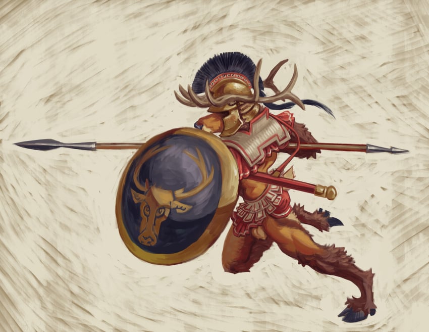 absurd_res animal_genitalia animal_penis anthro antlers armor balls bottomwear cervine clothed clothing deer digital_media_(artwork) elk fur genitals headgear helmet hi_res hooves hoplite horn leg_tuft male mammal melee_weapon mo_(momamo) momamo orange_body orange_fur partially_clothed penis polearm running scut_tail sheathed_weapon shield short_tail simple_background skimpy skirt solo spear sword tail topwear tuft weapon