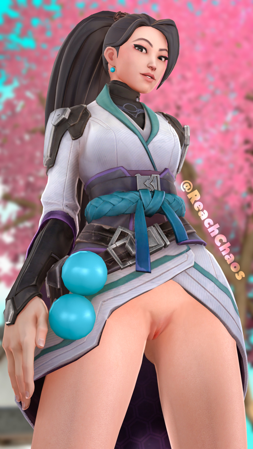 1girls 2020 cherry_blossoms female half-dressed ling_ying_wei ponytail pussy reachchaos riot_games sage_(valorant) thick_thighs valorant