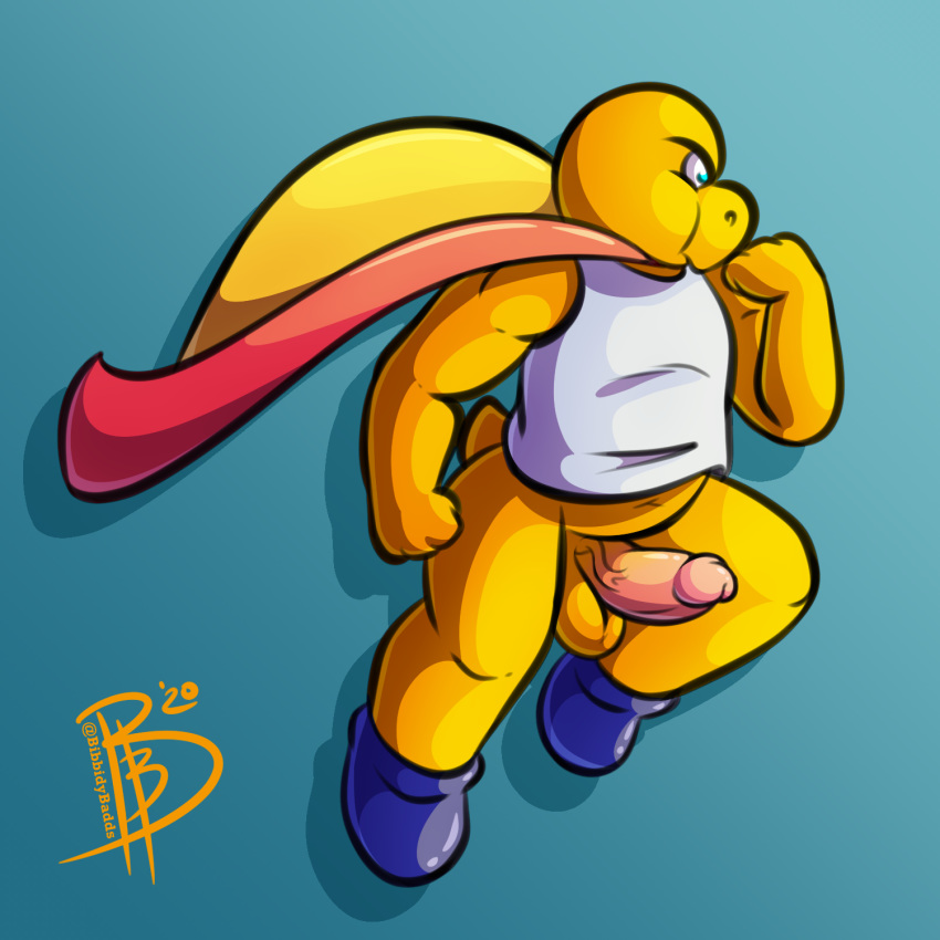 1:1 2020 anthro balls bibbidy blue_background blue_clothing blue_eyes blue_footwear blue_shoes bottomless cape clothed clothing fist flying footwear genitals hi_res koopa_troopa male male_only mario_(series) penis scalie shirt shoes signature simple_background slightly_chubby solo super_koopa super_mario_world tank_top topwear yellow_body