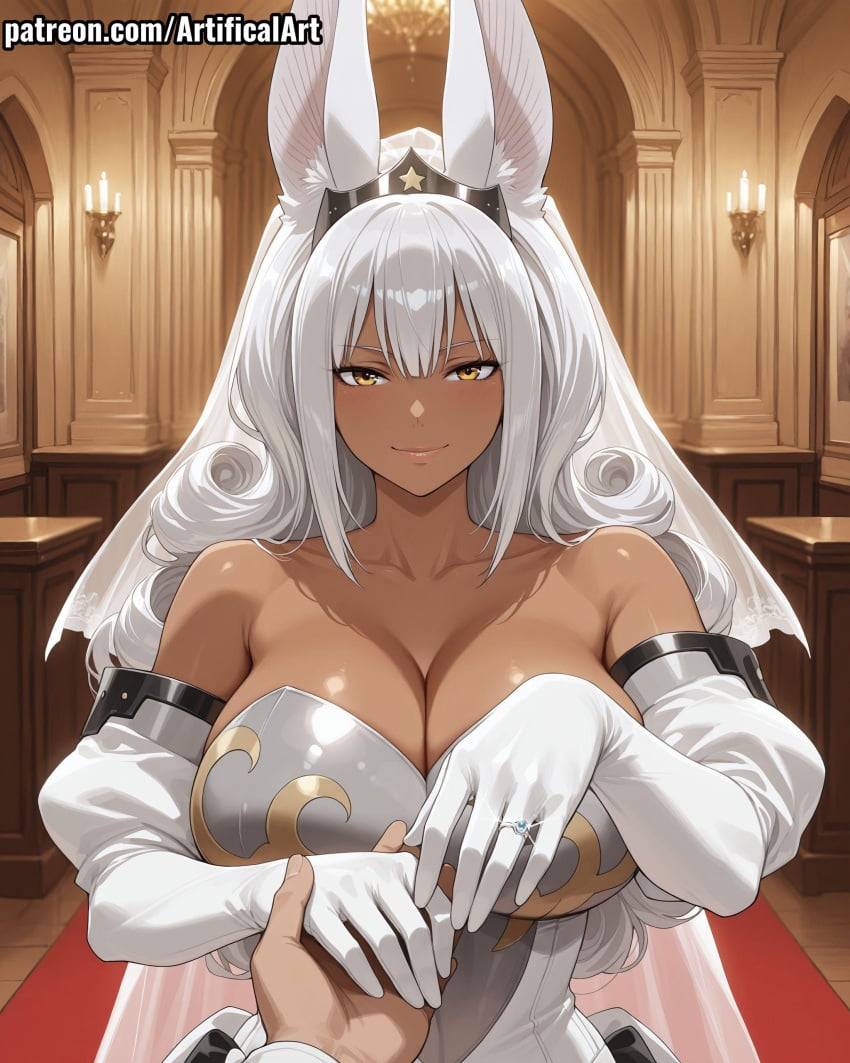 1girls ai_generated animal_ears artifical_art big_breasts bride curly_hair dark-skinned_female dark_skin elbow_gloves fairy_tail fairy_tail:_dragon_cry headwear long_hair perfect_body solo swan_(fairy_tail) tan_skin tiara white_hair yellow_eyes