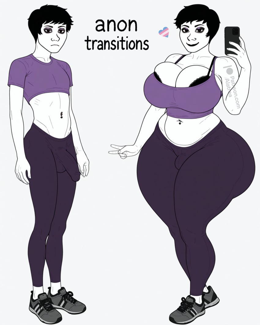 1boy1girl ai_generated alatrea before_and_after belly_button_piercing bimbofication black_hair bra_peek breast_expansion breasts bulge_through_clothing cleavage_overflow curvaceous curvy femboy feminization frowning_at_viewer huge_thighs large_breasts large_bulge leggings makeup midriff mtf_crossgender mtf_transformation peace_sign phone pride_colors round_ass skinny_male small_bulge smiling_at_viewer thick_hips thick_thighs thigh_expansion trans_woman transformation transition voluptuous weight_gain white_background white_skin wojak