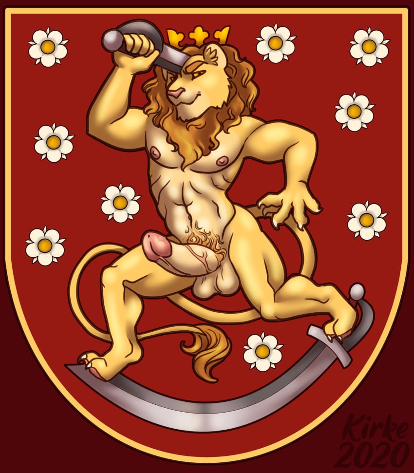 absurd_res coat_of_arms crown felid genitals hi_res humanoid_genitalia humanoid_penis kirkesan lion male male_only mammal melee_weapon muscular muscular_male pantherine penis solo suomileijona sword weapon