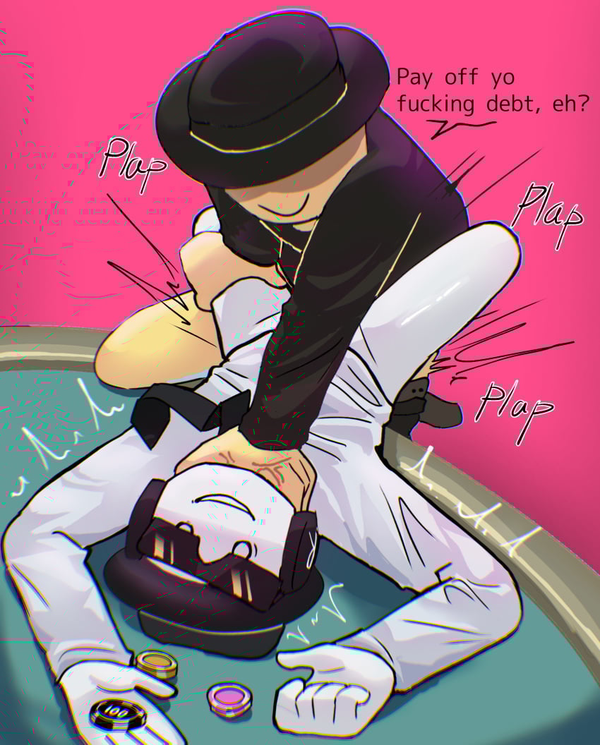 2boys anal anal_sex chance_(forsaken) dialogue dominant_male dream_game english_text forced forsaken_(roblox) full_color gambling gay half-dressed half_naked hate_fuck hate_sex mafioso mafioso_(dream_game) male panic penetration pink_background poker_chip roblox roblox_game robloxian rough_sex self_upload shaking shocked submissive_male tagme_(artist) text threatening white_body yaoi yellow_body