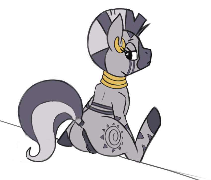 anus back_turned bedroom_eyes clitoris cutie_mark equine female friendship_is_magic fur hair hooves looking_at_viewer looking_back mammal my_little_pony nohooves plain_background presenting pussy raised_tail sitting solo straight_hair two_tone_hair zebra zecora_(mlp)