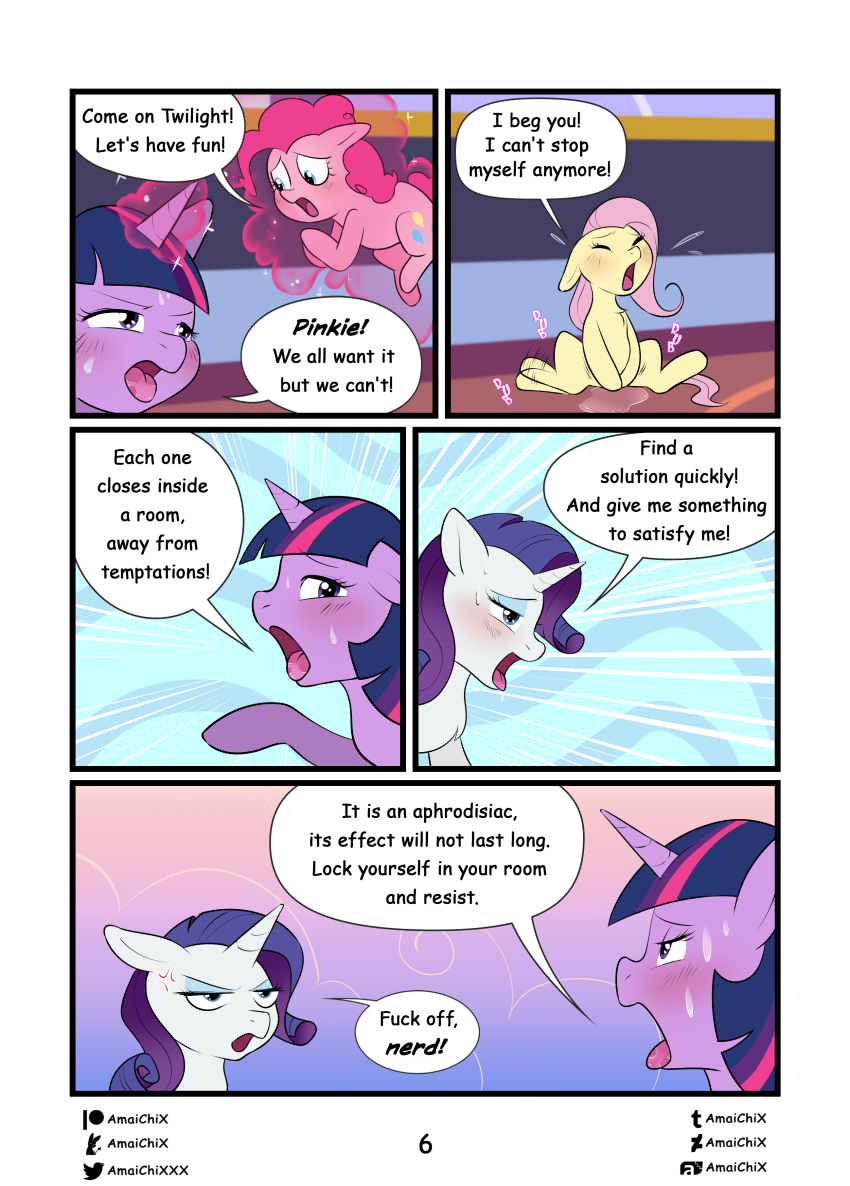 absurd_res amaichix blush bodily_fluids comic deviantart_username dialogue drooling english_text equid female fluttershy_(mlp) friendship_is_magic furaffinity_username furry genital_fluids group hi_res inkbunny_username lust_in_a_glass magic mammal my_little_pony page_6 patreon_username pinkie_pie_(mlp) profanity pussy_juice saliva straight_hair sweat text tongue tongue_out tumblr_username twilight_sparkle_(mlp) twitter_username