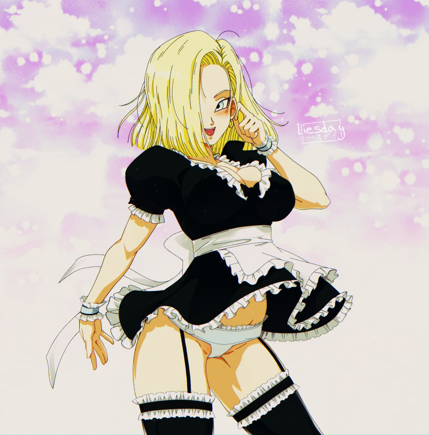 1girls android_18 apron black_legwear blonde_hair blue_eyes blush breasts cameltoe cleavage cowboy_shot dragon_ball dragon_ball_z female garter_straps hair_over_one_eye liesday maid medium_breasts open_mouth panties pink_background puffy_short_sleeves puffy_sleeves revealing_clothes short_hair short_sleeves shounen_jump smile solo thighhighs tongue underwear upper_teeth white_background white_panties wrist_cuffs