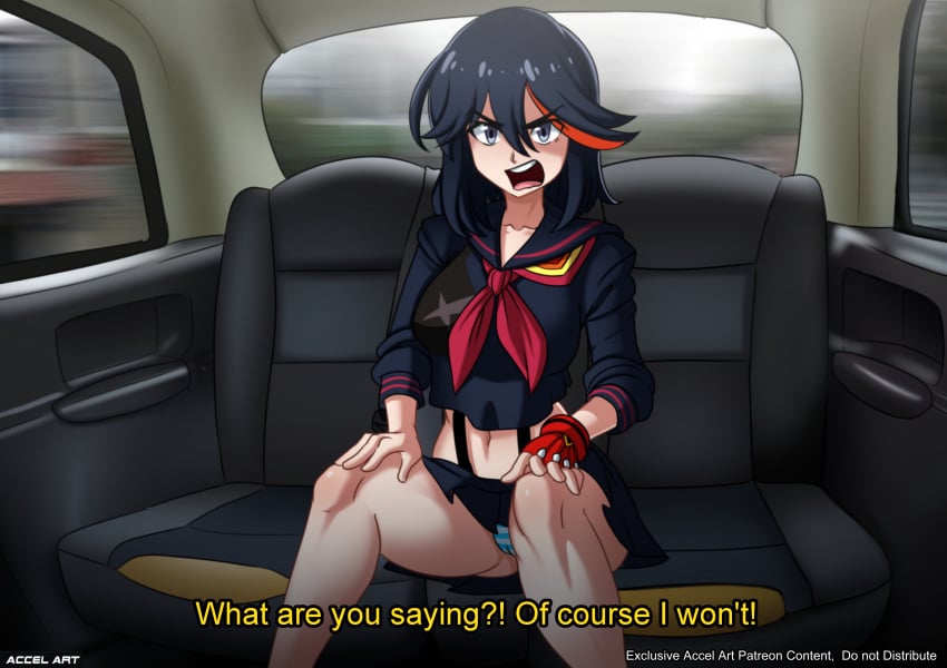 1girls accelart angry black_hair blue_eyes car_interior fake_taxi kill_la_kill matoi_ryuuko panties school_uniform sitting skirt solo taxi upskirt