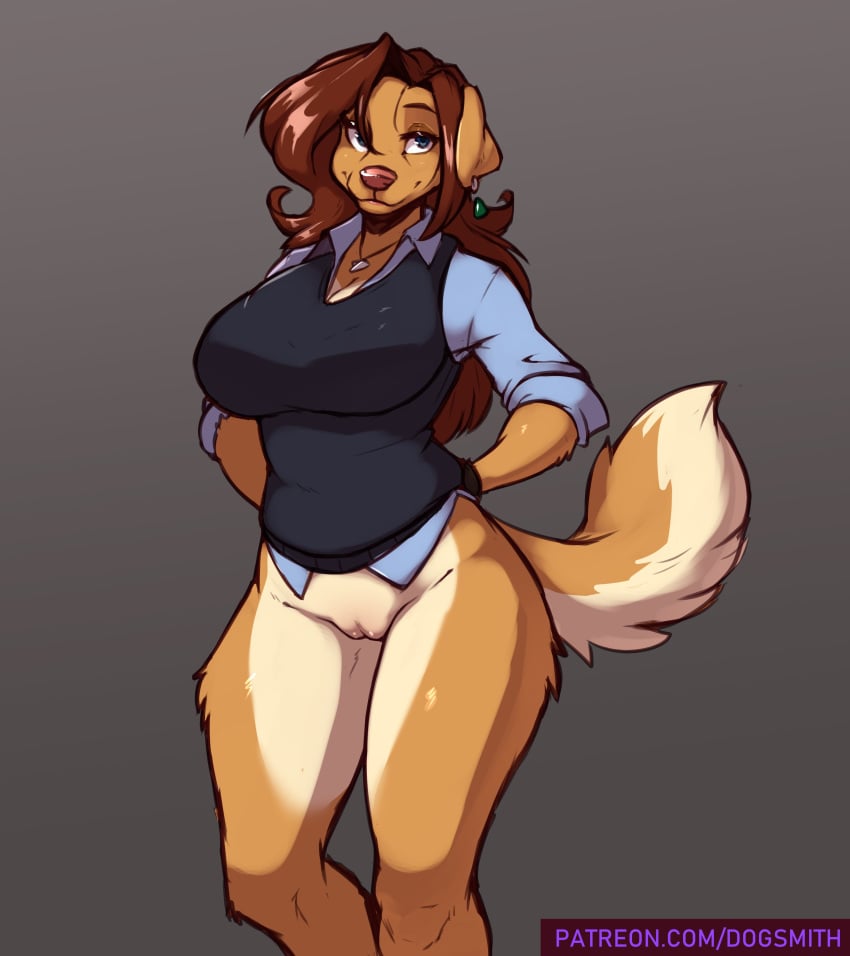 absurdres anthro bottomless breasts canid canine canis countershading domestic_dog faizenek female furry genitals highres inu-sama large_breasts long_hair mammal pussy rhoda_(faizenek) simple_background solo tan_countershading text the_dogsmith url