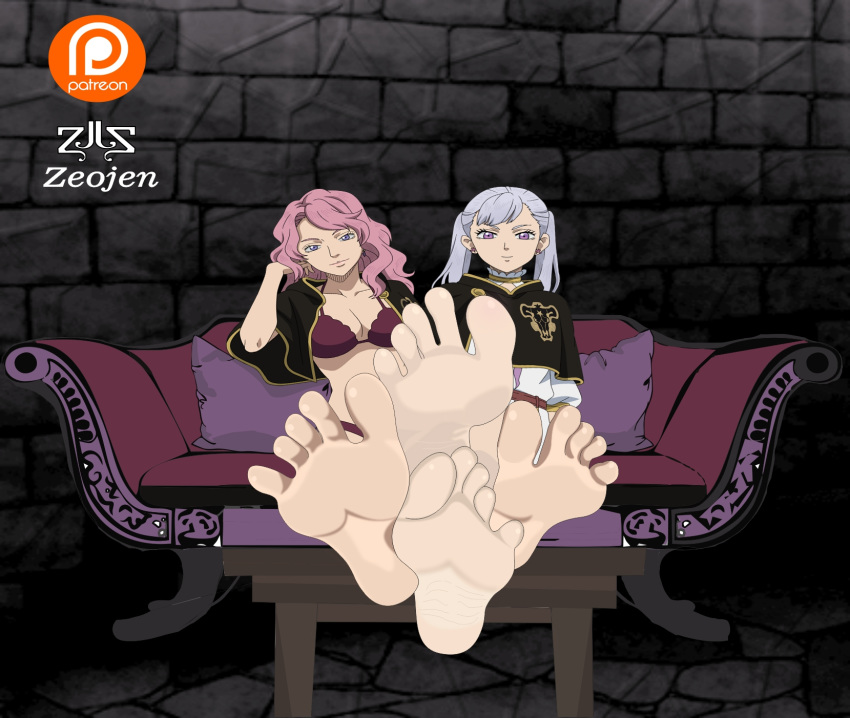 2girls barefoot big_feet black_clover clothed commission feet feet_together feet_up female female_only foot_fetish foot_focus multiple_girls noelle_silva pink_hair purple_eyes soles toes vanessa_enoteca white_skin zeojen