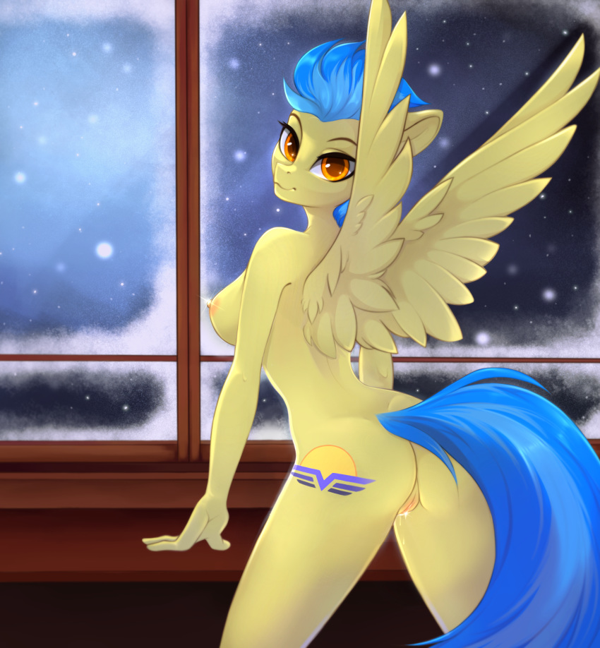 absurd_res anthro ass big_breasts breasts cutie_mark equid equine female furry hi_res jeppesen_(oc) looking_at_viewer looking_back mammal my_little_pony nipples nude pterippus snow snowing solo u_lu_lu window wings