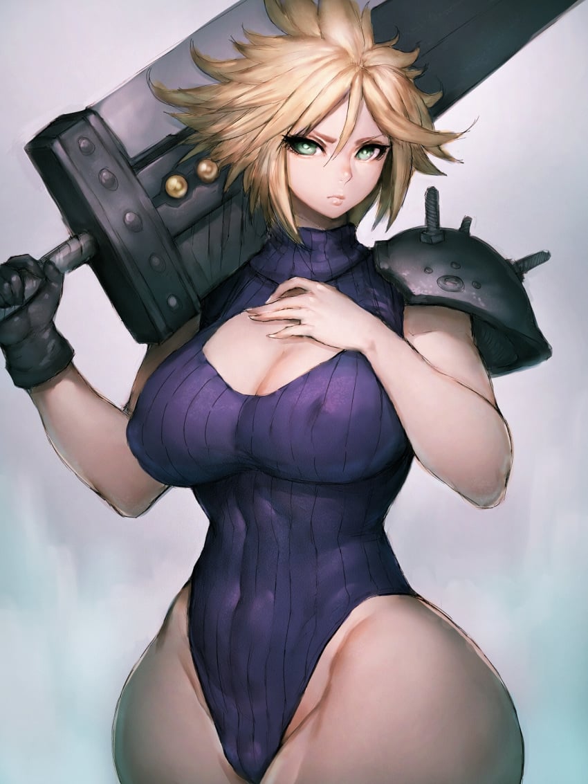 1girls abs big_breasts blonde_hair breasts cloud_strife cloudette_strife curvy female female_only final_fantasy final_fantasy_vii fumio_(rsqkr) genderswap green_eyes huge_breasts leotard muscular_female naughty_face nipple_bulge rule_63 seductive solo solo_female spiky_hair sword thick_thighs thunder_head wide_hips yellow_hair