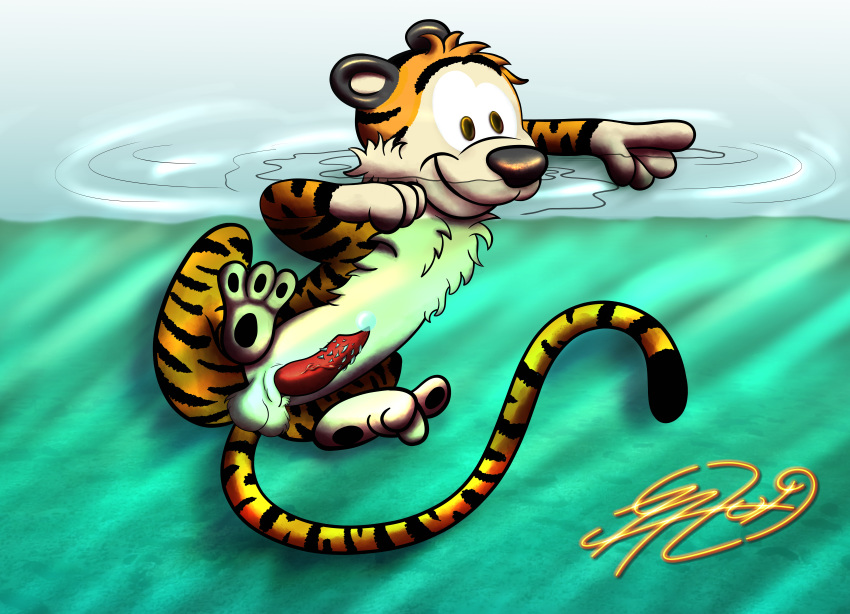 absurd_res calvin_and_hobbes felid feral genitals hi_res hobbes lobofeo male male_only mammal muscular pantherine penile_spines penis pinup pose smile solo tiger water