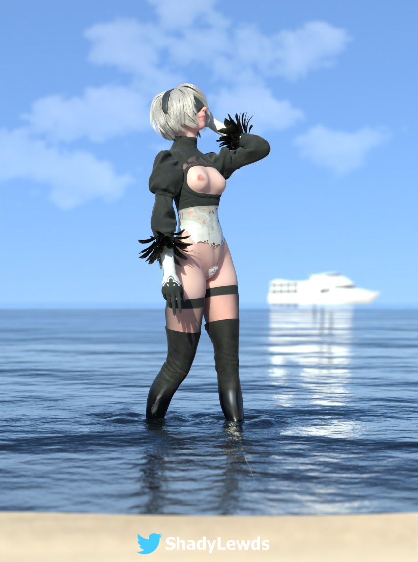 1girls 3d beach blender_(software) clothed clothing female female_only gray_pubic_hair grey_pubic_hair nier:_automata outdoor outdoor_nudity outdoors outside pubic_hair ripped_clothing seaside shadylewds solo_female standing torn_clothes torn_clothing watermark white_hair white_pubic_hair yorha_2b