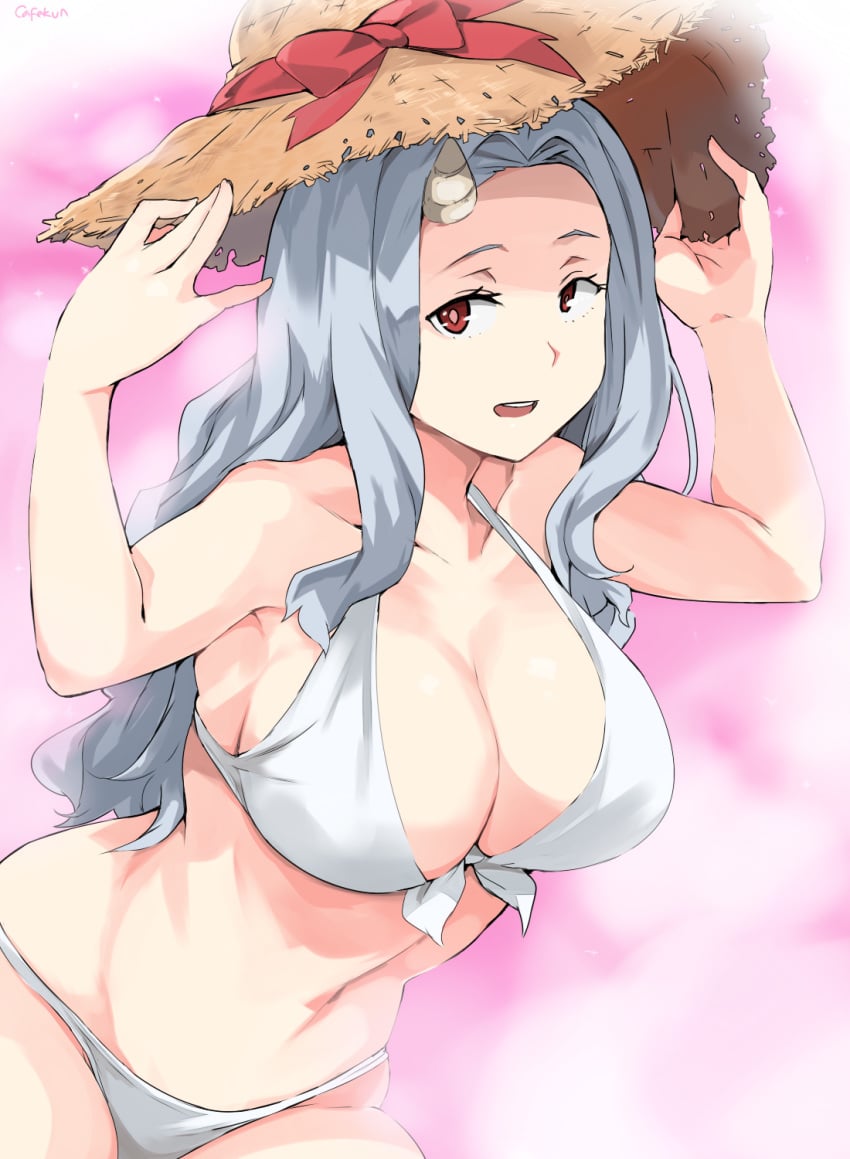 1girls abs aged_up alternate_breast_size alternate_outfit armpits big_breasts bikini breasts cafekun cleavage eri_(my_hero_academia) female female_only grey_hair hat horn large_breasts long_hair looking_at_viewer my_hero_academia red_eyes solo straw_hat thick_thighs white_hair