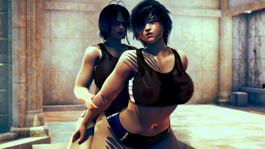 2girls 3d age_difference athletic belly big_ass big_breasts black_hair dat_ass dry_humping family from_behind glasses grinding honey_select impi incest laying_down licking_lips midriff milf minamoto_(impi) mother_and_daughter nipples purple_eyes seductive_look transparent_clothing wet_clothes wet_hair yukio_(impi) yuri