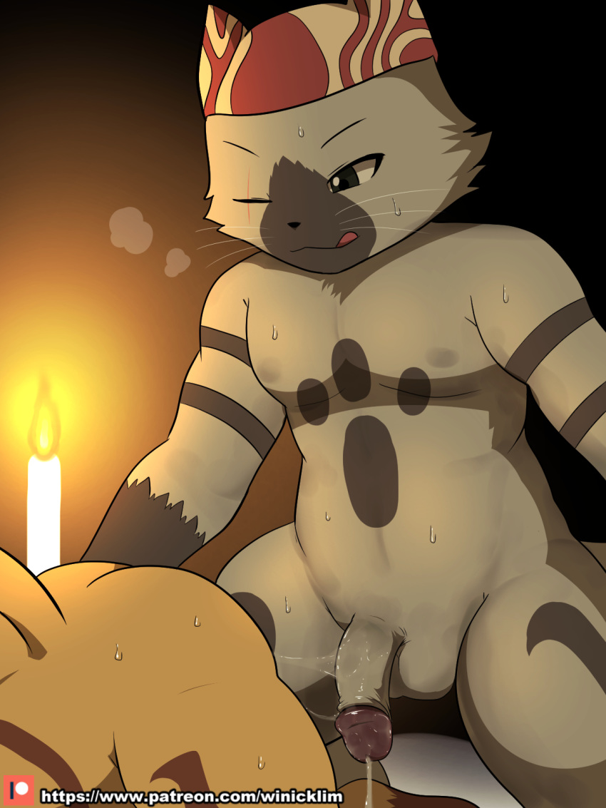 2020 3:4 after_sex ambiguous_gender anthro ass balls bodily_fluids candle capcom cum cum_on_penis cum_string digital_media_(artwork) duo english_text felid felyne fur genital_fluids genitals glans hi_res humanoid_genitalia humanoid_penis lit_candle lynian male male/ambiguous male_focus mammal meowscular_chef monster_hunter one_eye_closed palico patreon penis pull_out solo_focus sweat text tongue tongue_out url video_games whiskers winick-lim