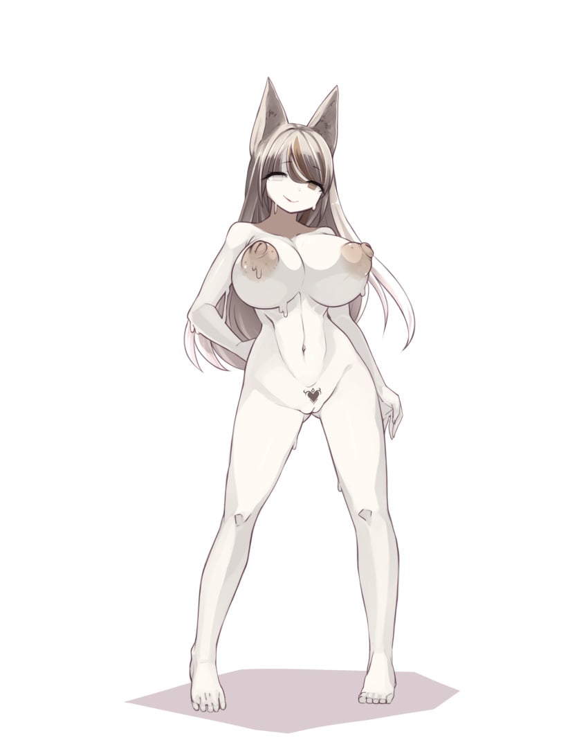 2019 animal_humanoid big_breasts breasts canid canid_humanoid esupu female genitals goo_creature goo_humanoid hair hi_res humanoid long_hair looking_at_viewer mammal mammal_humanoid nipples pubic_tattoo pussy simple_background smile solo standing white_background