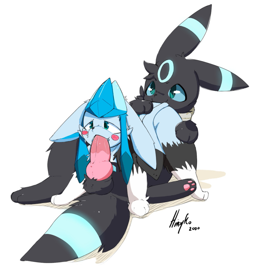 1boy 2020 2020s 69_position alternate_color ambiguous_gender animal_genitalia animal_penis bodily_fluids canine canine_penis dated duo eeveelution fellatio feral feral_on_feral furry generation_2_pokemon generation_4_pokemon glaceon half-closed_eyes hi_res hiroyko hiroyko_art knot male mammal markings nintendo oral oral_penetration original_character pawpads paws penetration penis pokémon_(species) pokemon pokemon_dppt pokemon_gsc saliva saliva_on_penis scarf shiny_pokemon spread_legs spreading testicles text umbreon video_games watermark