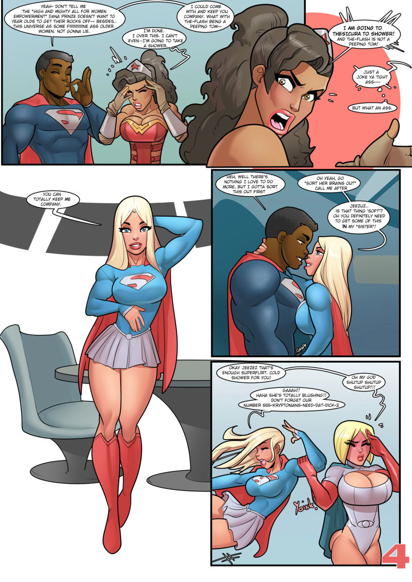 1boy 3girls amazon black_hair blonde_hair blue_eyes blush breasts calvin_ellis cleavage comic dark-skinned_male dark_skin dc dc_comics dialogue diana_prince english_text flirting interracial john_persons justice_league kara_danvers kara_zor-el karen_starr large_breasts long_hair muscular_female muscular_male page_4 ponytail power_girl rabies-t-lagomorph seductive short_hair skirt supergirl superman superman_(series) tan_skin text themysciran voluptuous wonder_woman wonder_woman_(series)