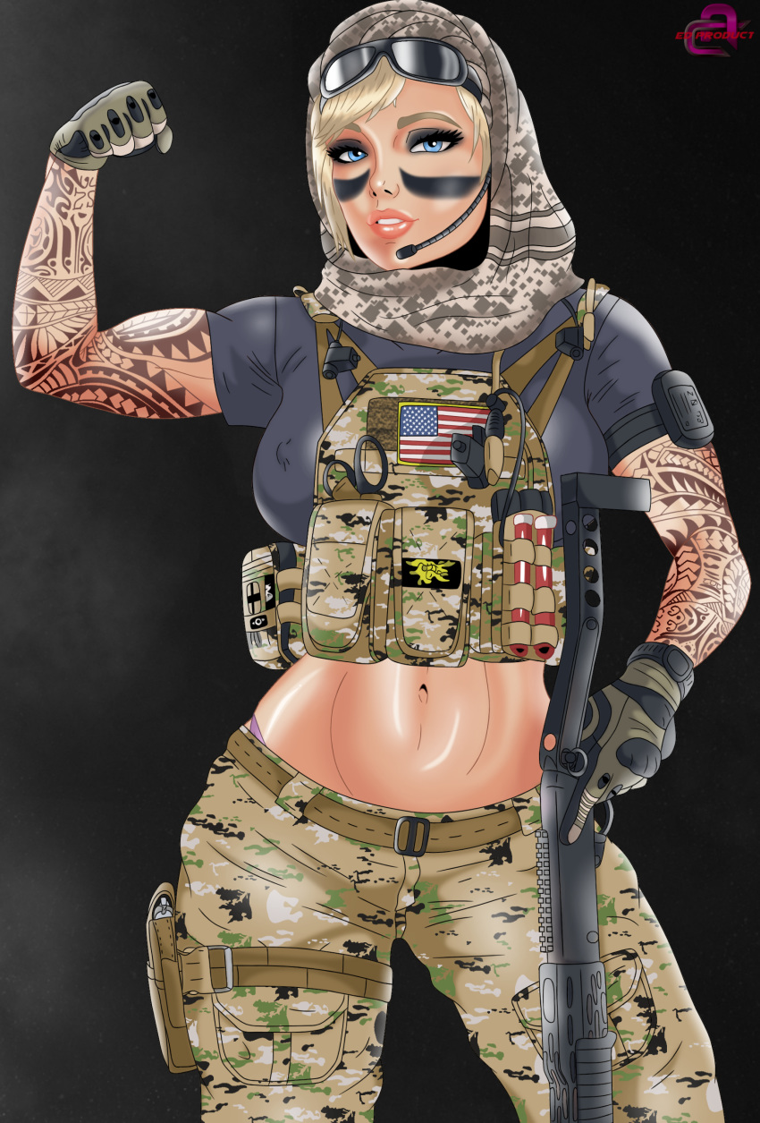 1girls blonde_hair blue_eyes breasts ed_product facepaint female glasses gloves gun lips panties pants pussy rainbow_six rainbow_six_siege shotgun spas-12 tactical_vest tattoo tom_clancy tribal valkyrie_(rainbow_six)