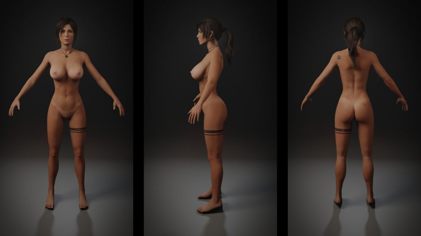 3d a-pose ass athletic back_tattoo back_view barefoot breasts brown_eyes brown_hair female front_view full_body human lara_croft lara_croft_(survivor) medallion navel navel_piercing necklace nipples nose_piercing nude piercing ponytail pussy shaved_pussy shoulder_blades side_view standing subtle_pussy tanline tattoo thigh_tattoo tied_hair tomb_raider tomb_raider_(survivor) wildeerstudio