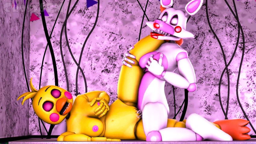 2girls 3d 3d_(artwork) animatronic animatronics breast_grab breasts crosxsfm cum cum_in_pussy five_nights_at_freddy's five_nights_at_freddy's_2 lesbian_sex lesbians_naked mangle_(fnaf) scottgames sex source_filmmaker toy toy_chica_(fnaf) yuri