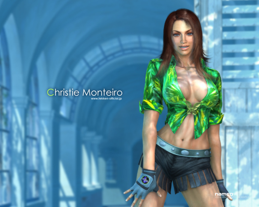 1girls 3d abs athletic bare_legs bare_midriff big_breasts brazilian brazilian_female breasts brown_eyes brown_hair busty christie_monteiro cleavage collarbone dark-skinned_female dark_skin eyelashes eyeshadow female female_focus female_only fingerless_gloves fit fit_female hourglass_figure large_breasts latina long_hair namco navel official_art pinup pose posing redbone render shirt short_shorts sleeves_rolled_up smile smiling solo standing tekken tekken_4 tied_shirt toned toned_female wallpaper wide_hips