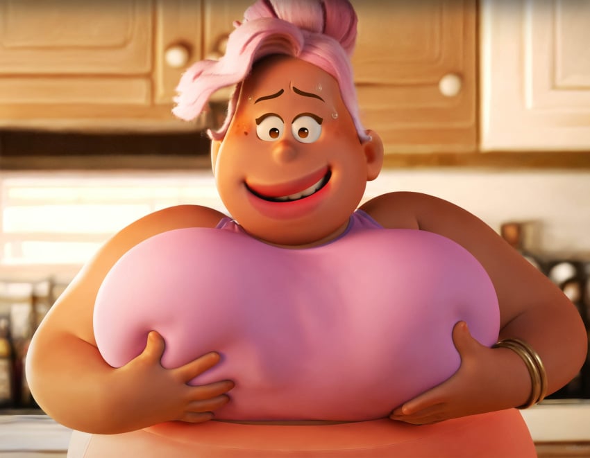 accurate_art_style ai_generated bbw big_breasts bracelet breasts brown_skin clothed clothing disney female female_only hair hair_bun huge_breasts lipstick mature mature_female milf overweight overweight_female pearlicious8 pink_hair pink_tank_top pixar self_fondle smile tank_top vanessa_kiana win_or_lose_(pixar)