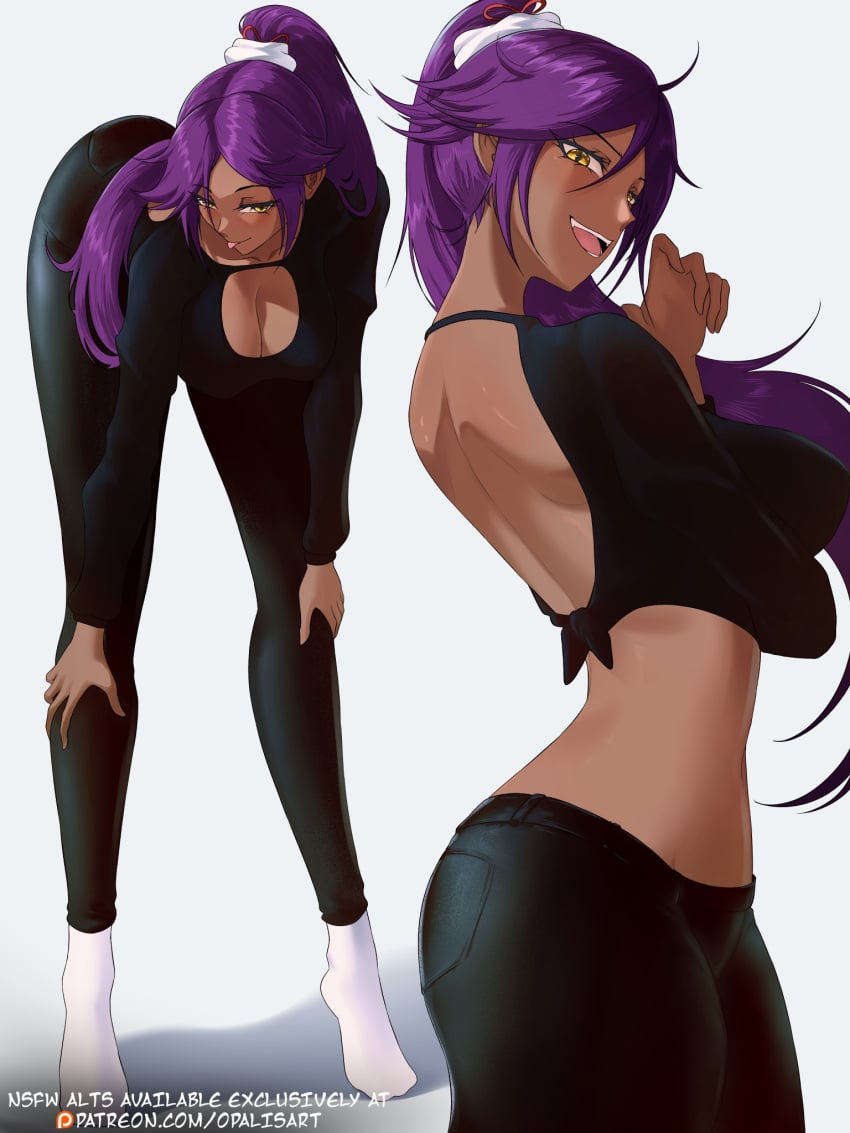 ass_up bare_back bending_forward bending_over bent_over big_ass big_breasts bleach blush boob_window catgirl cleavage dark-skinned_female dark_skin leaning_forward leggings long_hair long_legs looking_at_viewer mature_female opalisart purple_hair shihouin_yoruichi slim_waist socks sportswear tagme wide_hips yellow_eyes yoga_pants