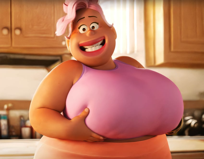 accurate_art_style ai_generated bbw big_breasts bracelet breasts brown_skin clothed clothing disney female female_only hair hair_bun huge_breasts lipstick mature mature_female milf overweight overweight_female pearlicious8 pink_hair pink_tank_top pixar self_fondle smile tank_top vanessa_kiana win_or_lose_(pixar)