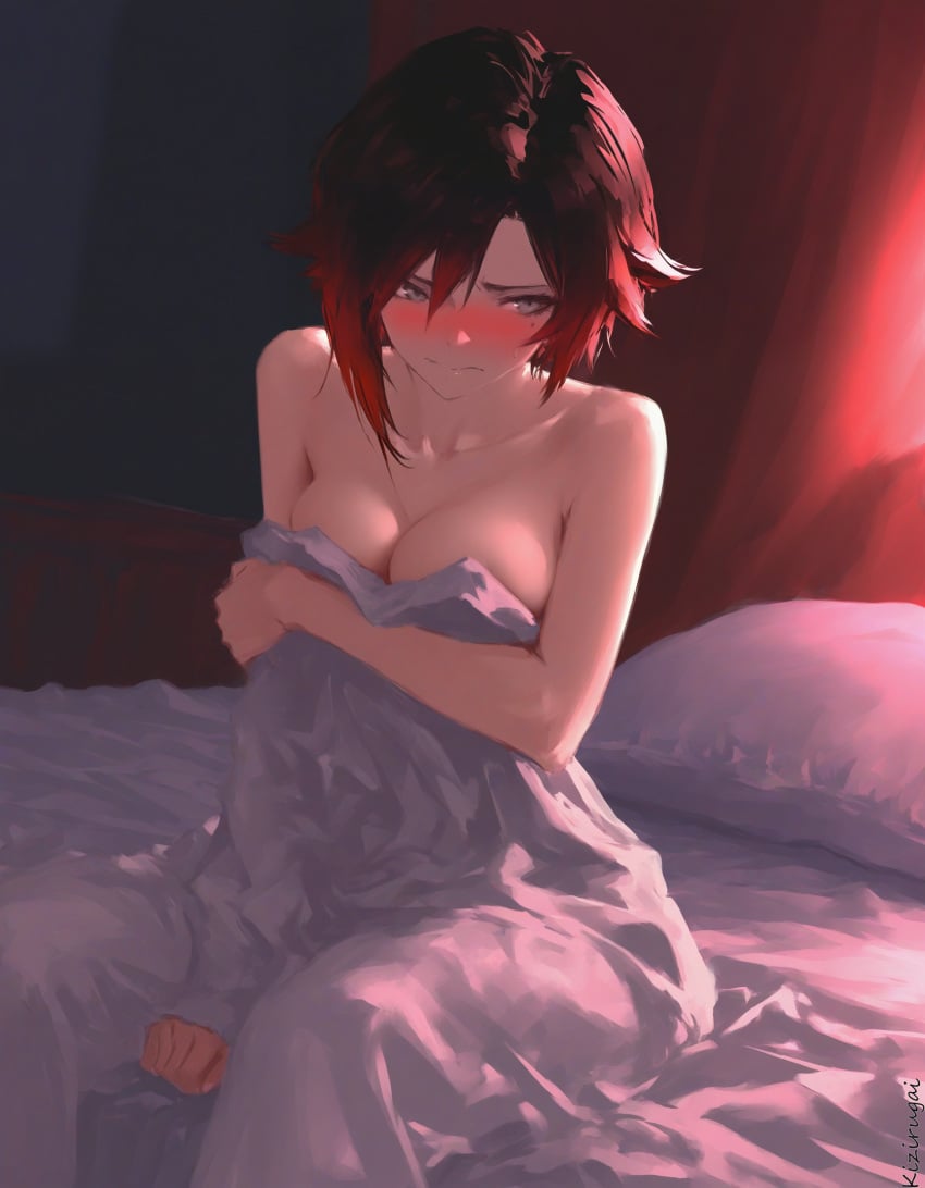 1girls ai_generated completely_nude_female kizirugai red_hair rooster_teeth ruby_rose rwby silver_eyes viz_media white_bed_sheet